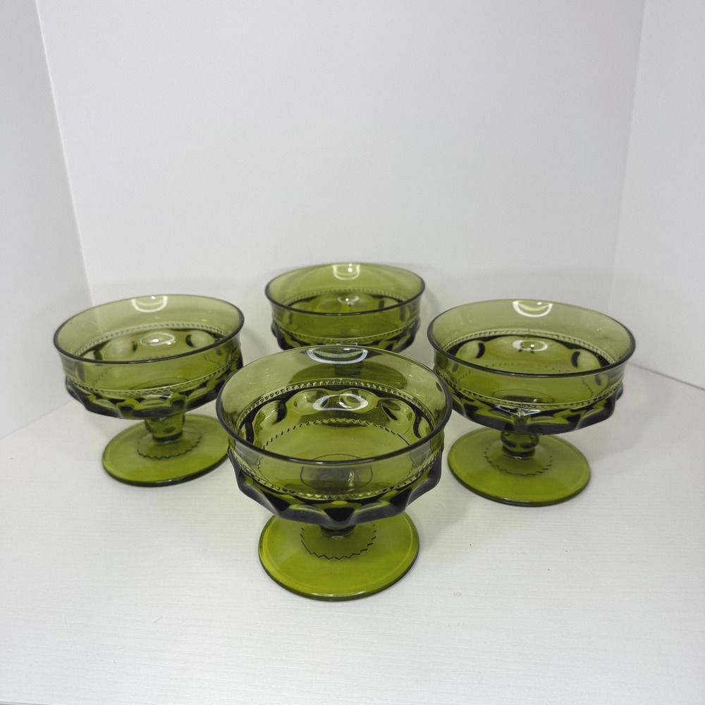 Vintage Indiana Glass Kings Crown Thumbprint Footed Dessert Bowls Set of 4 Retro